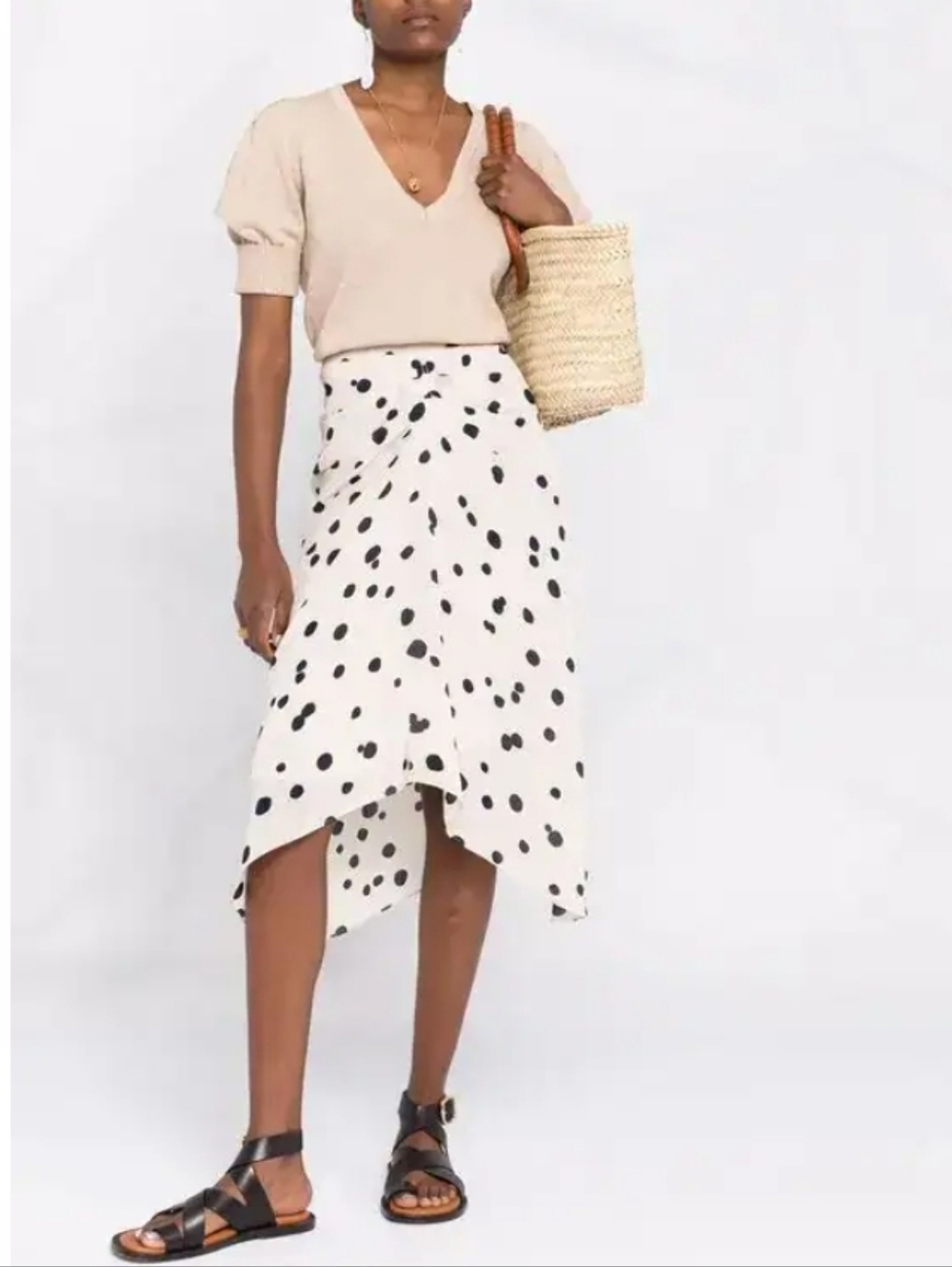 Ba&sh Debra Polka Dot Midi Skirt, 0, White With Black, Parisian Chic